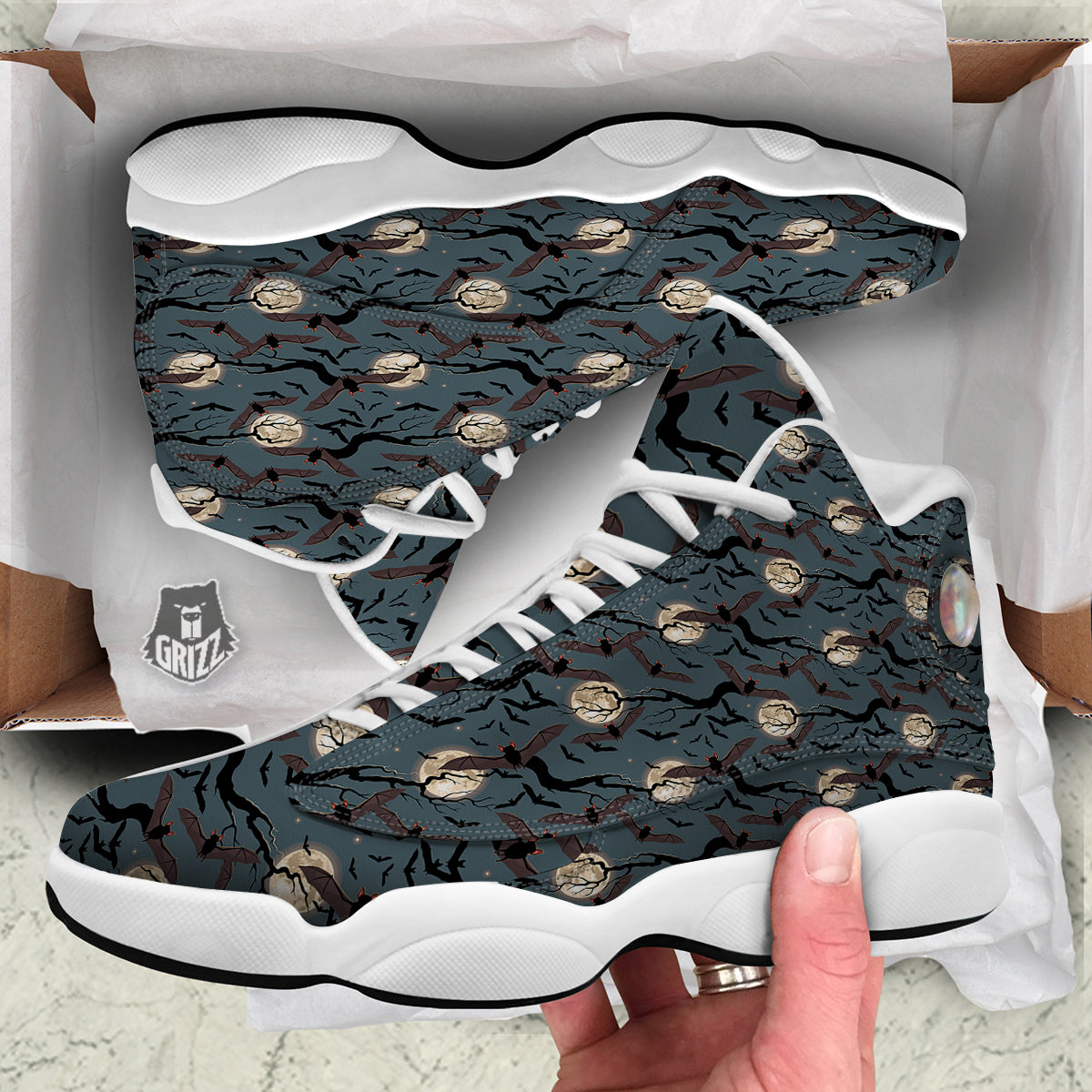 Flying Bat In The Moonlight Print Pattern White Basketball Shoes-grizzshop