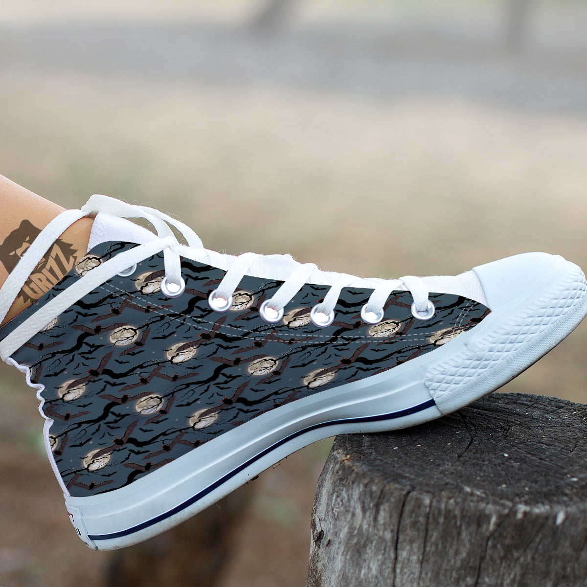 Flying Bat In The Moonlight Print Pattern White High Top Shoes-grizzshop