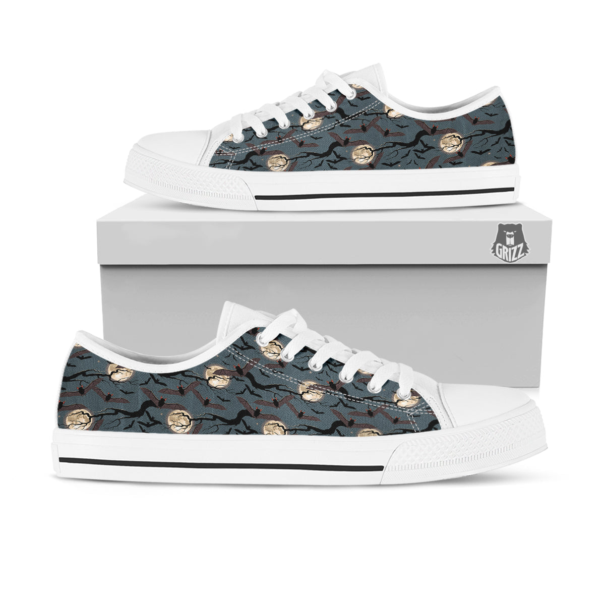 Flying Bat In The Moonlight Print Pattern White Low Top Shoes-grizzshop