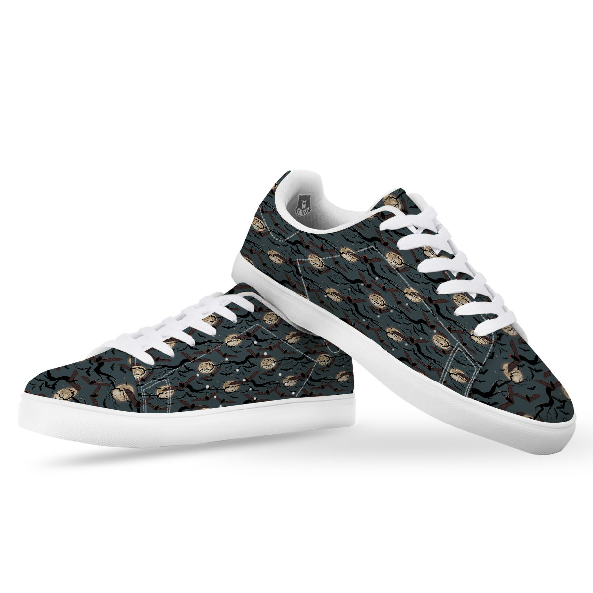 Flying Bat In The Moonlight Print Pattern White Low Top Sneakers-grizzshop