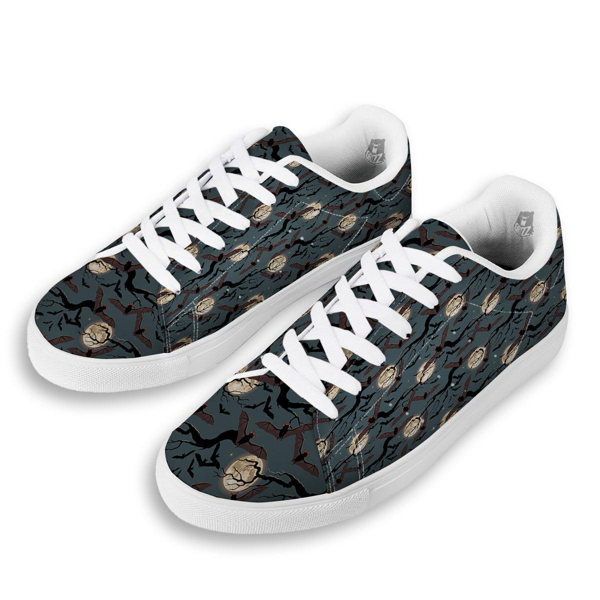 Flying Bat In The Moonlight Print Pattern White Low Top Sneakers-grizzshop