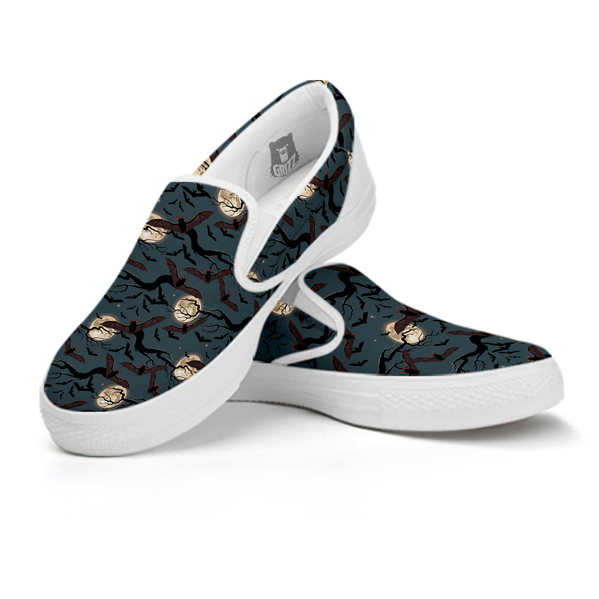 Flying Bat In The Moonlight Print Pattern White Slip On Shoes-grizzshop