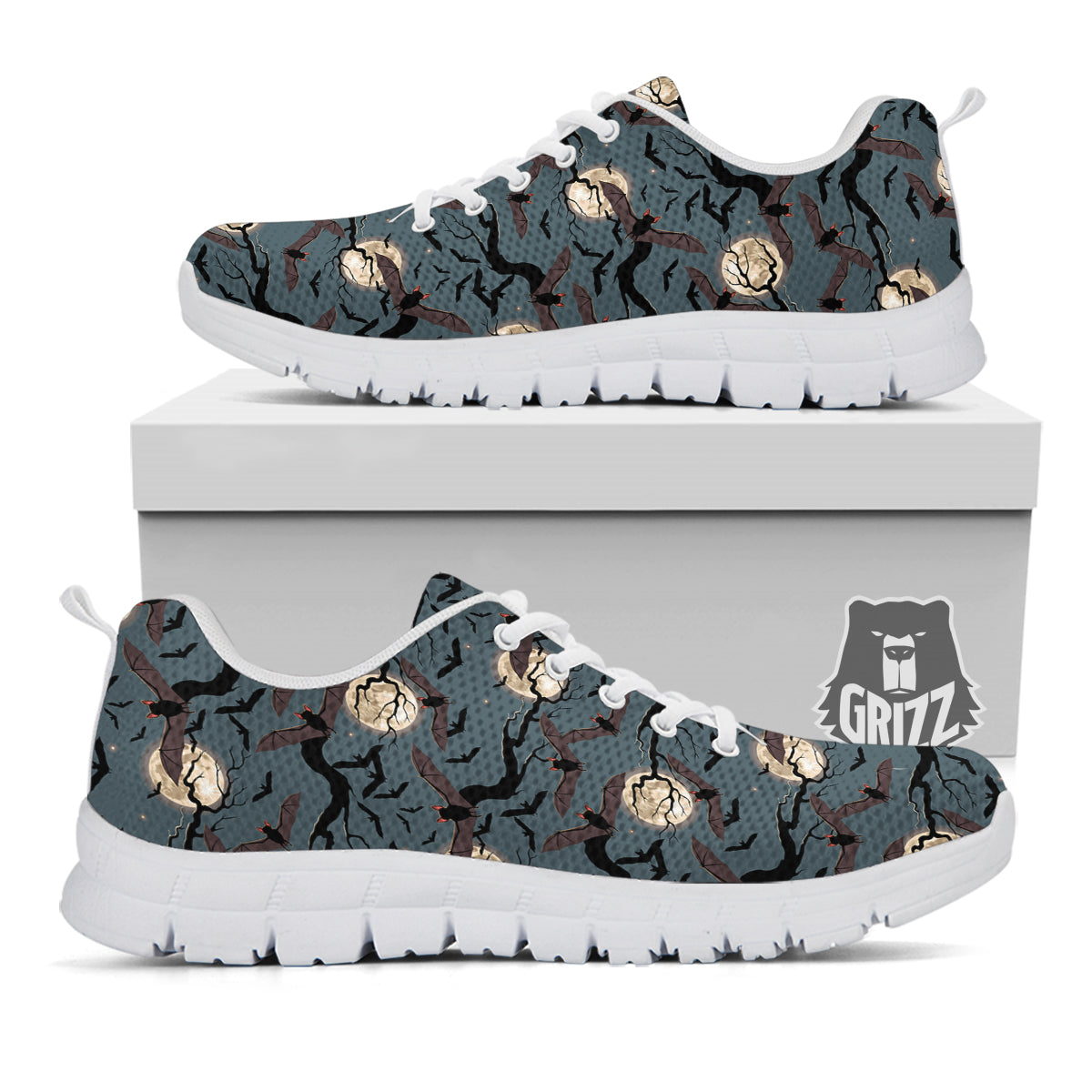 Flying Bat In The Moonlight Print Pattern White Sneaker-grizzshop