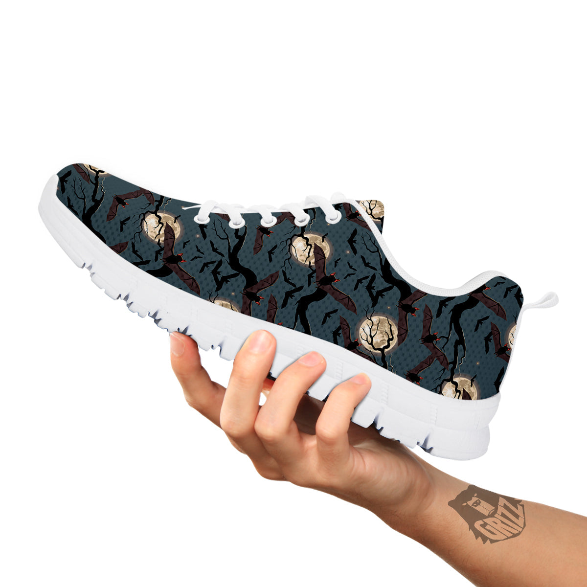 Flying Bat In The Moonlight Print Pattern White Sneaker-grizzshop