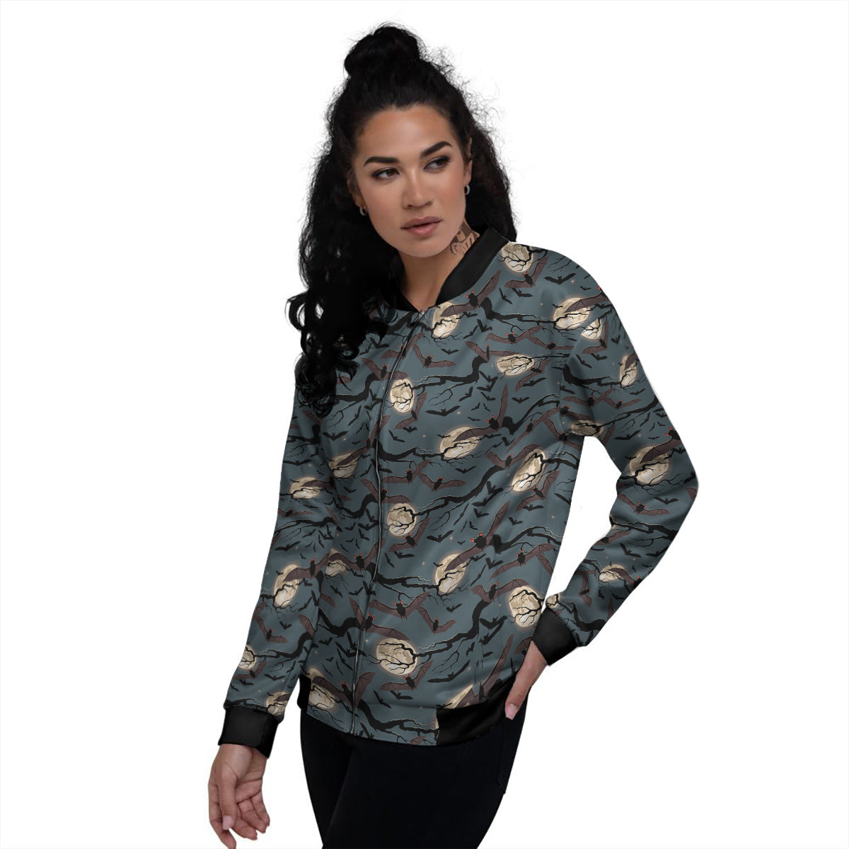 Flying Bat In The Moonlight Print Pattern Women's Bomber Jacket-grizzshop