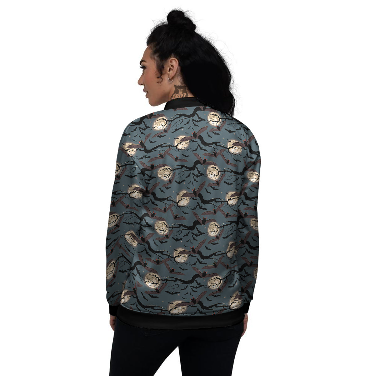 Flying Bat In The Moonlight Print Pattern Women's Bomber Jacket-grizzshop