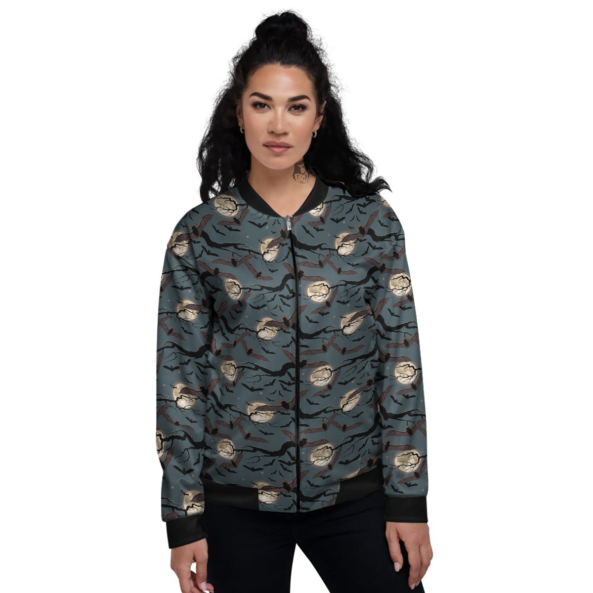Flying Bat In The Moonlight Print Pattern Women's Bomber Jacket-grizzshop