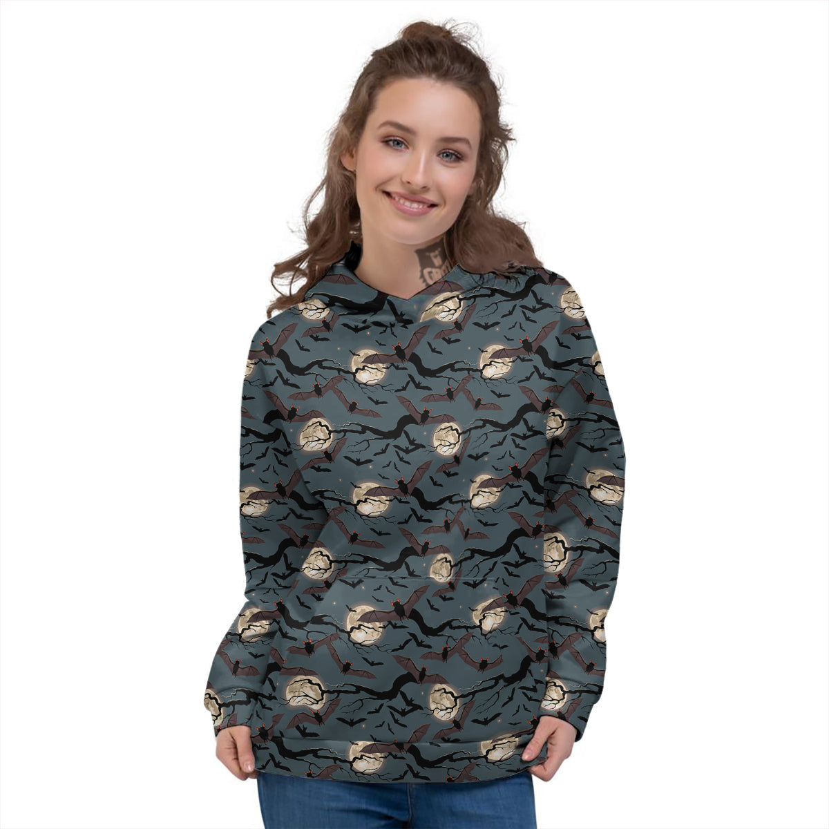 Flying Bat In The Moonlight Print Pattern Women's Hoodie-grizzshop