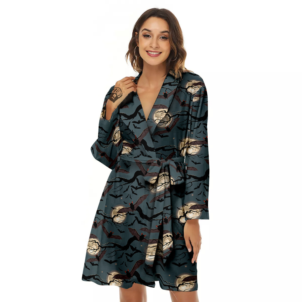 Flying Bat In The Moonlight Print Pattern Women's Robe-grizzshop