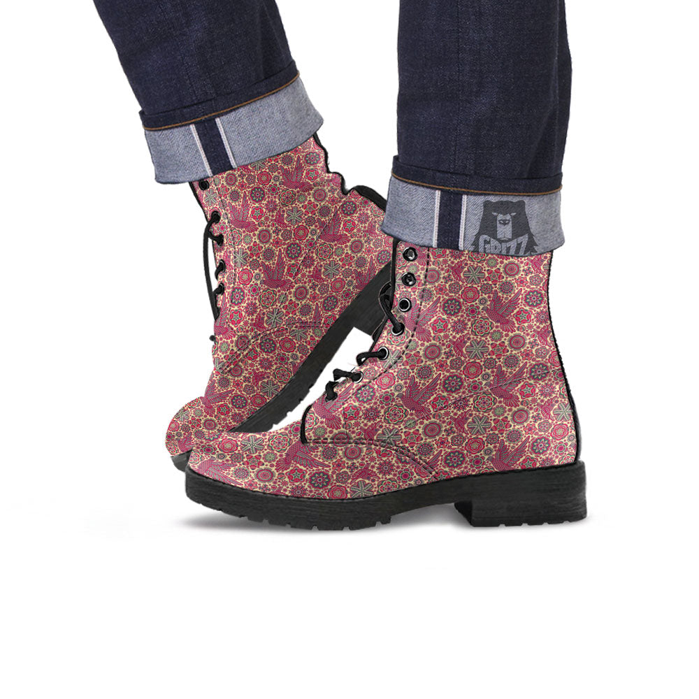 Flying Bird Mandala Print Pattern Leather Boots-grizzshop
