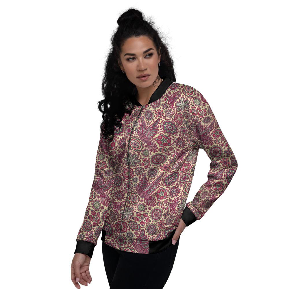 Flying Bird Mandala Print Pattern Women's Bomber Jacket-grizzshop