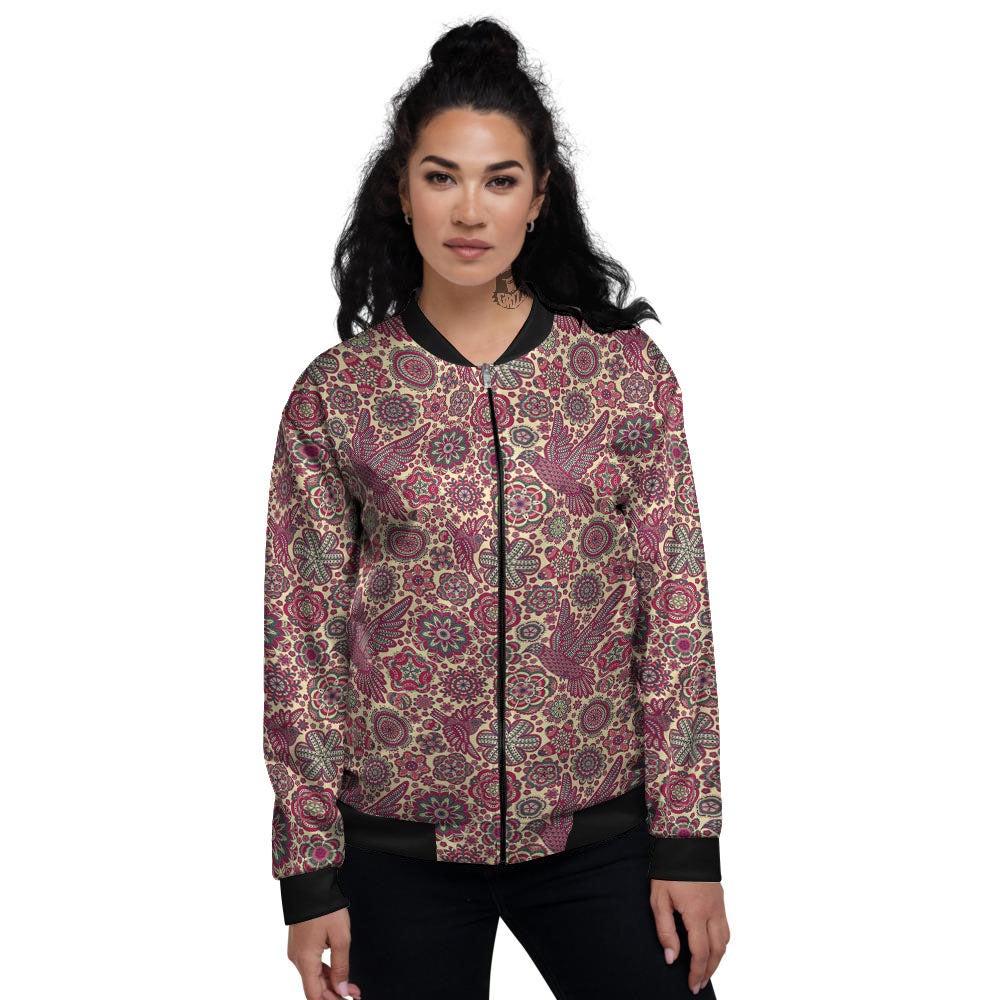 Flying Bird Mandala Print Pattern Women's Bomber Jacket-grizzshop