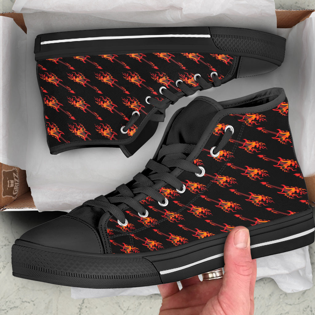 Flying Burning Guitars Print Pattern Black High Top Shoes-grizzshop