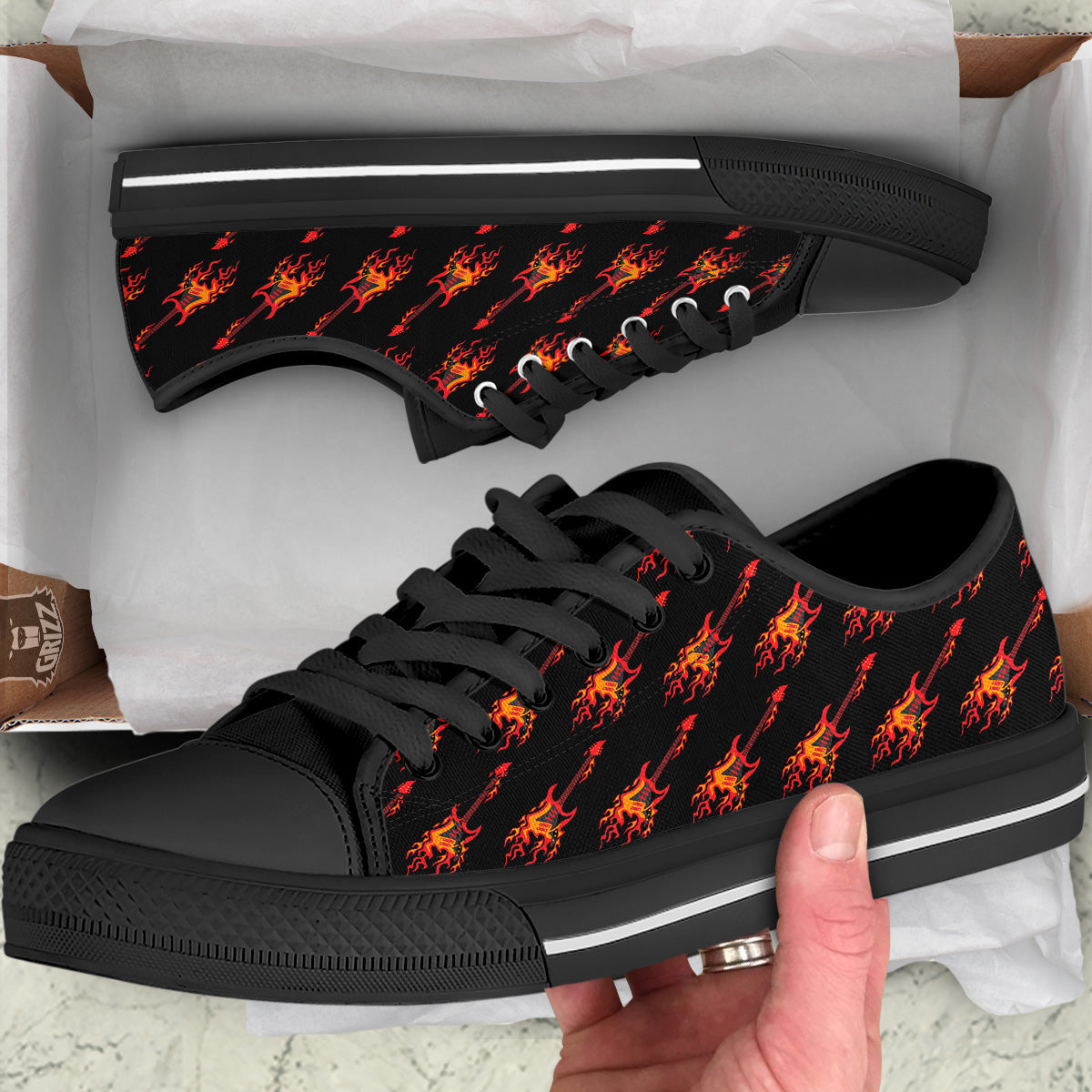 Flying Burning Guitars Print Pattern Black Low Top Shoes-grizzshop