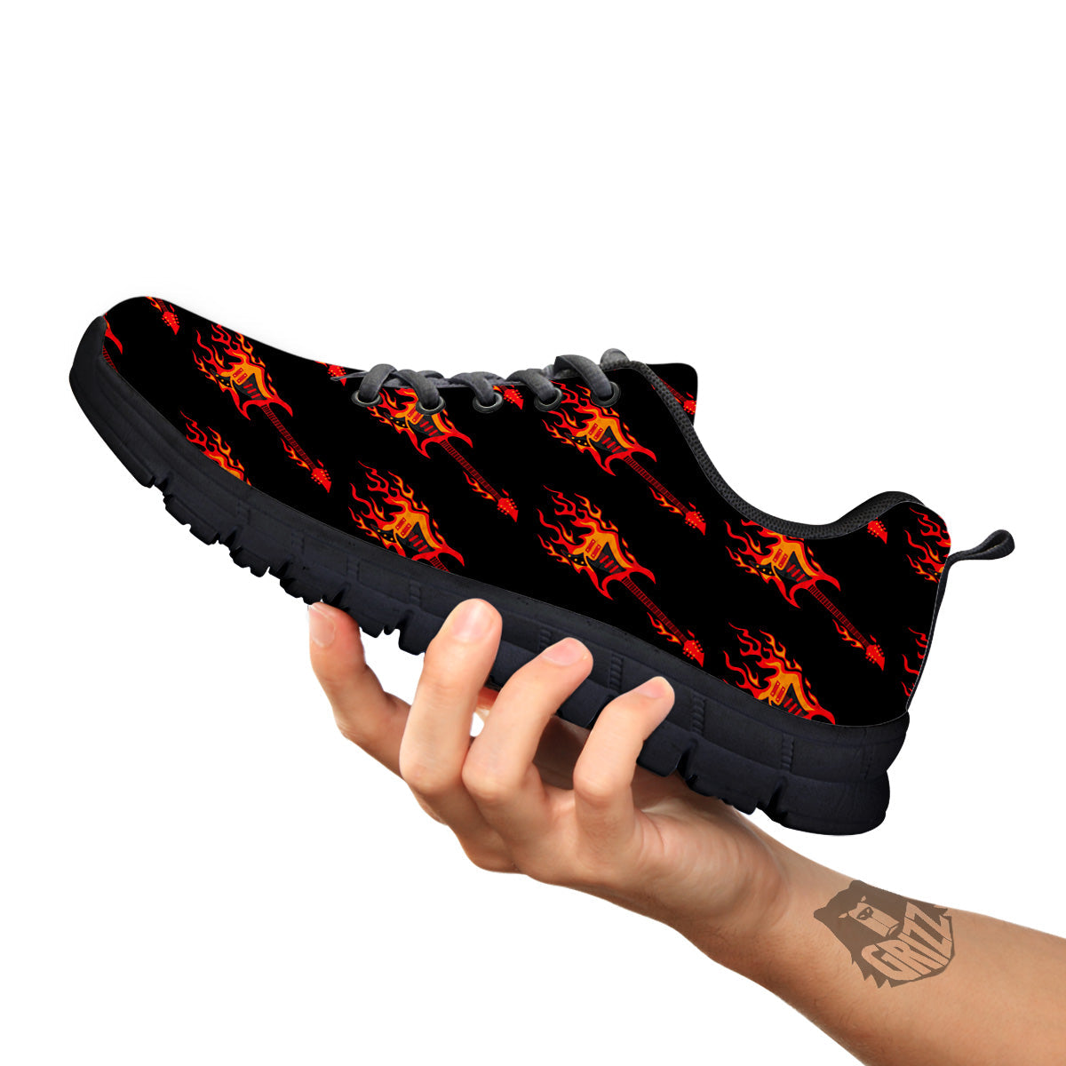 Flying Burning Guitars Print Pattern Black Sneaker-grizzshop