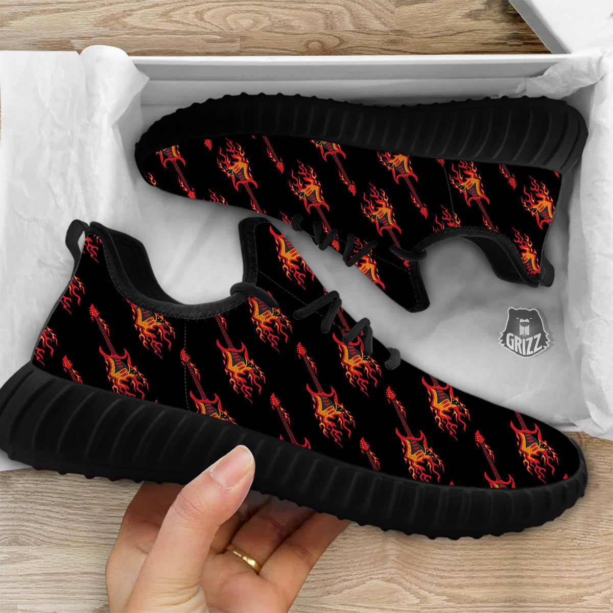 Flying Burning Guitars Print Pattern Black Walking Shoes-grizzshop