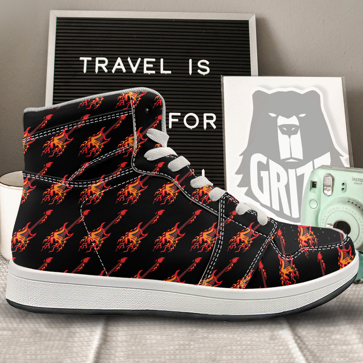 Flying Burning Guitars Print Pattern High Top Sneakers-grizzshop