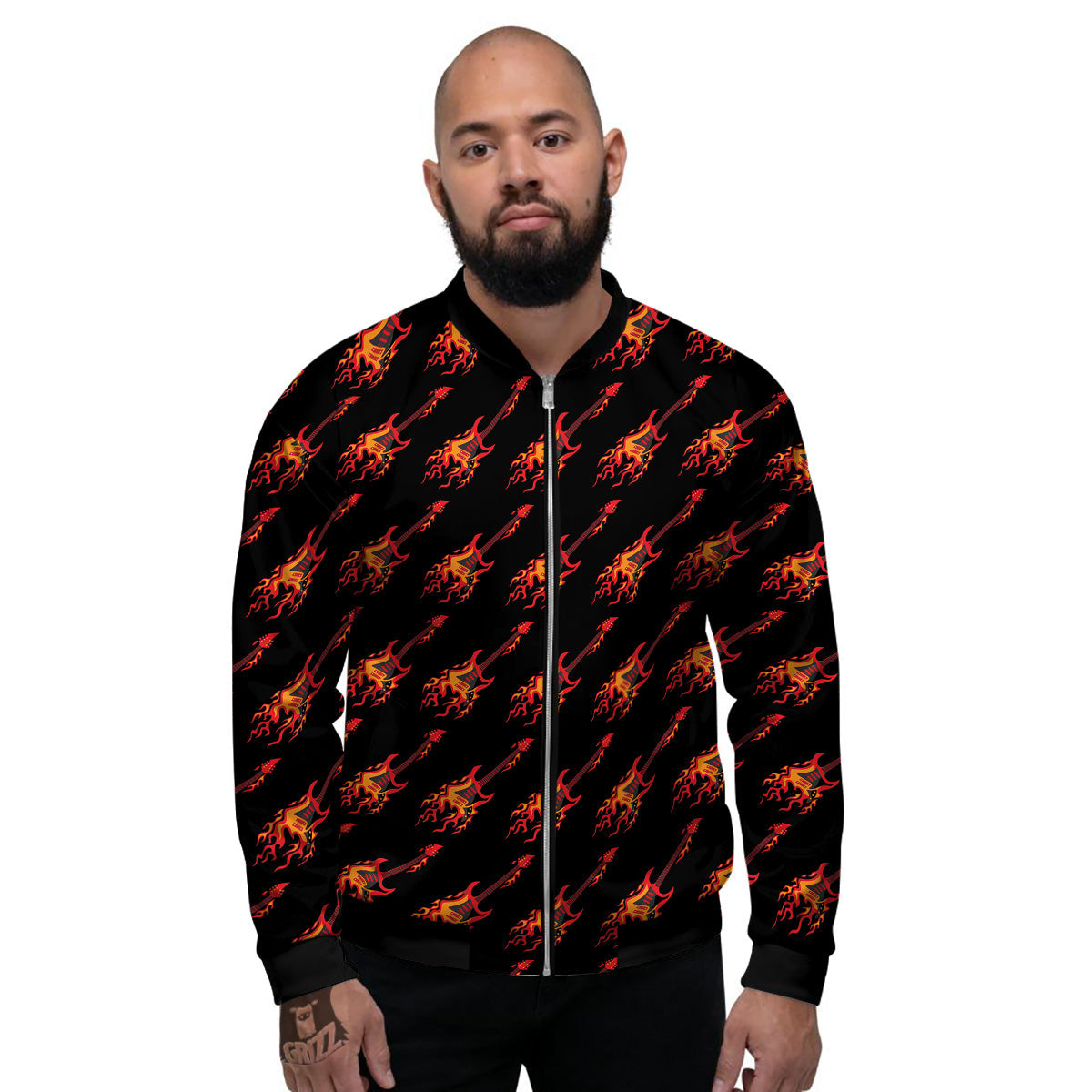 Flying Burning Guitars Print Pattern Men's Bomber Jacket-grizzshop