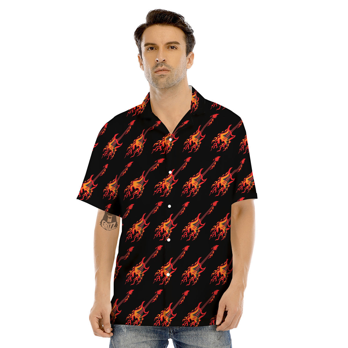 Flying Burning Guitars Print Pattern Men's Hawaiian Shirt-grizzshop