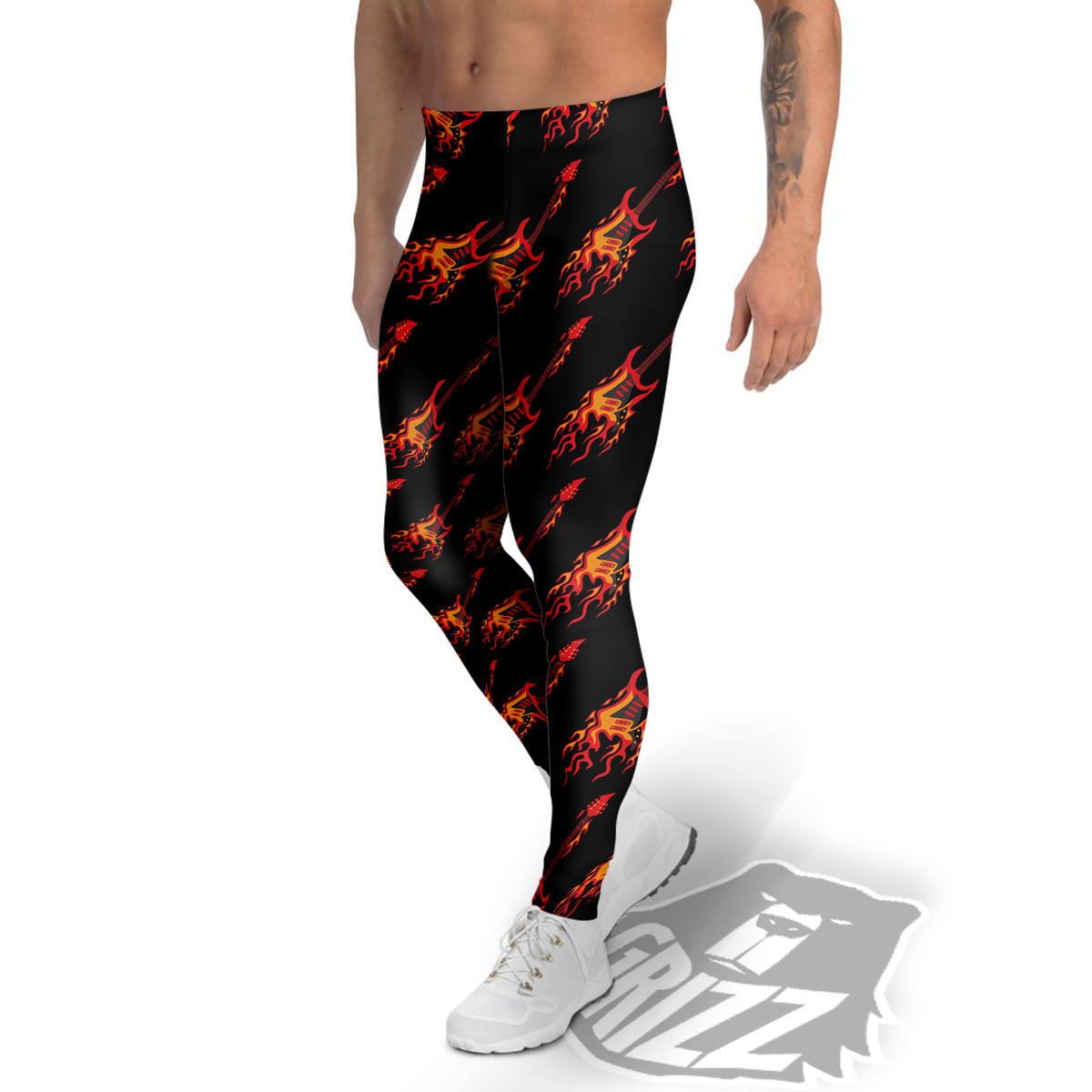 Flying Burning Guitars Print Pattern Men's Leggings-grizzshop