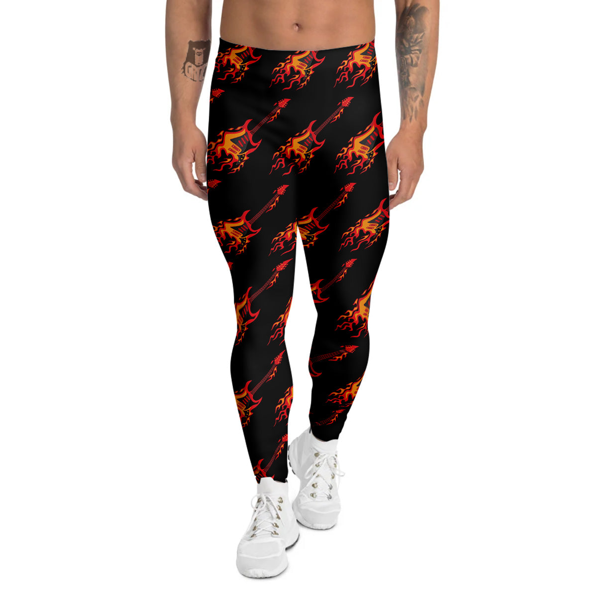 Flying Burning Guitars Print Pattern Men's Leggings-grizzshop