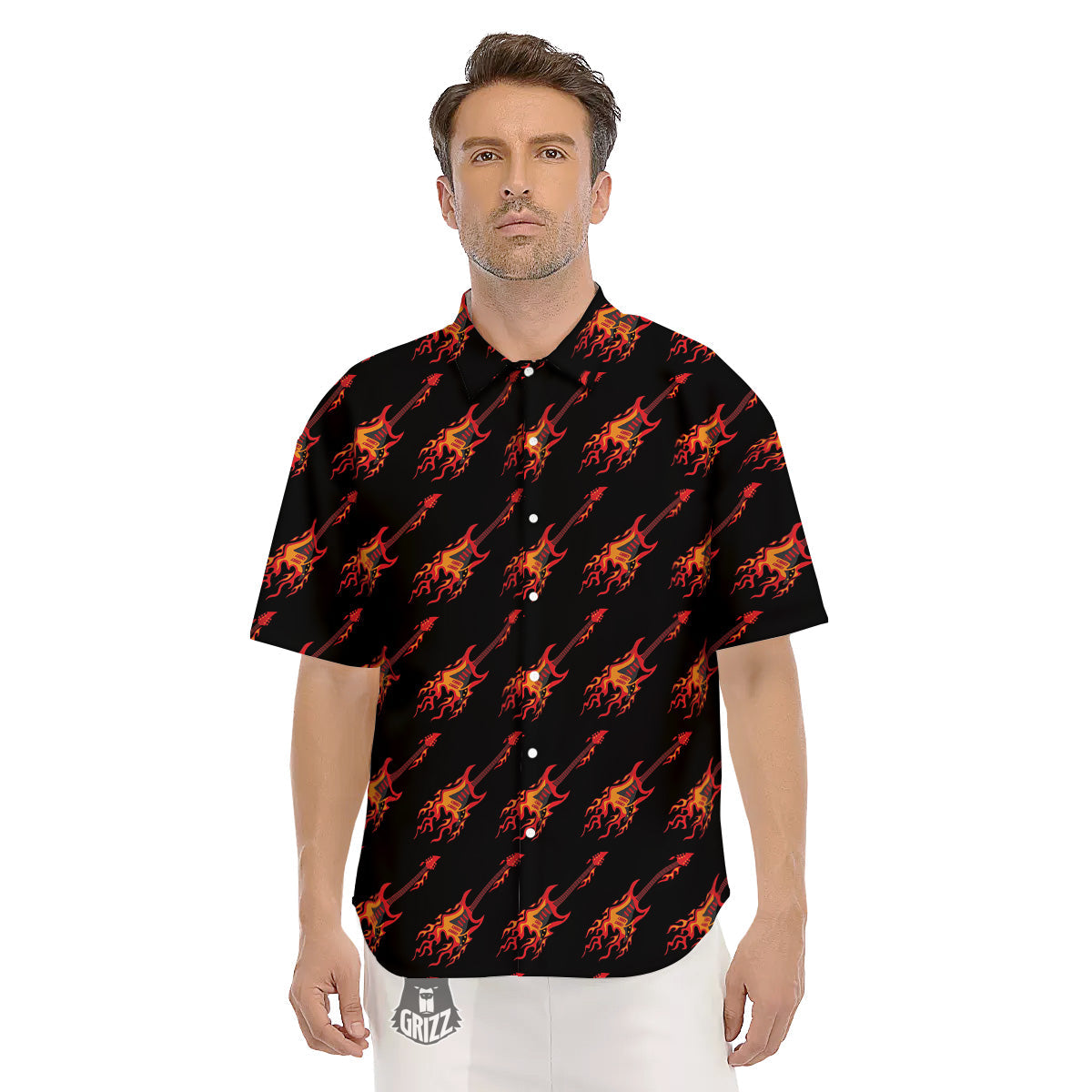 Flying Burning Guitars Print Pattern Men's Short Sleeve Shirts-grizzshop