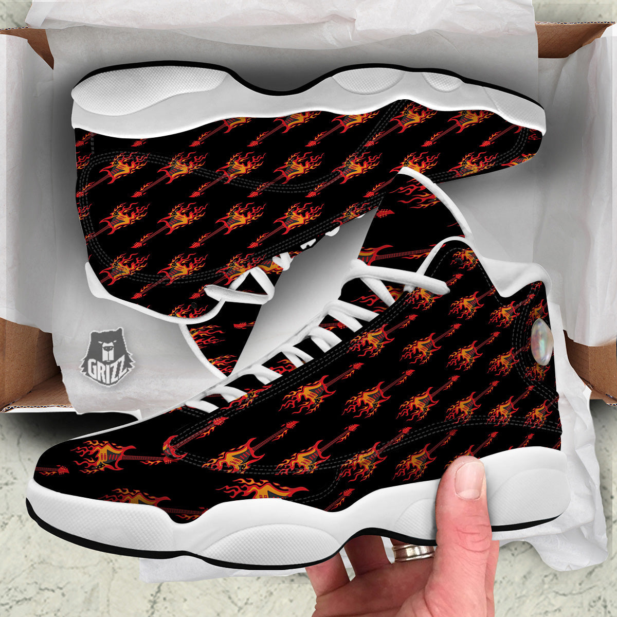 Flying Burning Guitars Print Pattern White Basketball Shoes-grizzshop