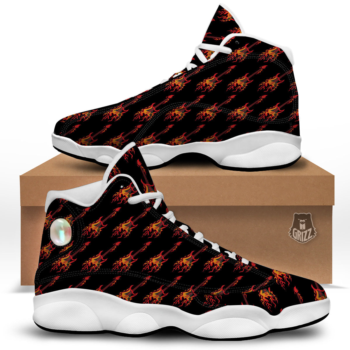 Flying Burning Guitars Print Pattern White Basketball Shoes-grizzshop