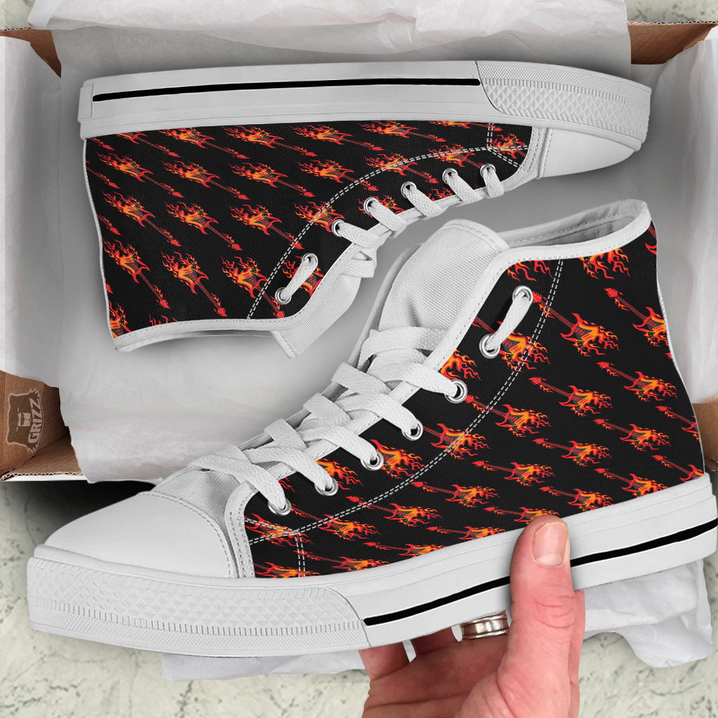 Flying Burning Guitars Print Pattern White High Top Shoes-grizzshop