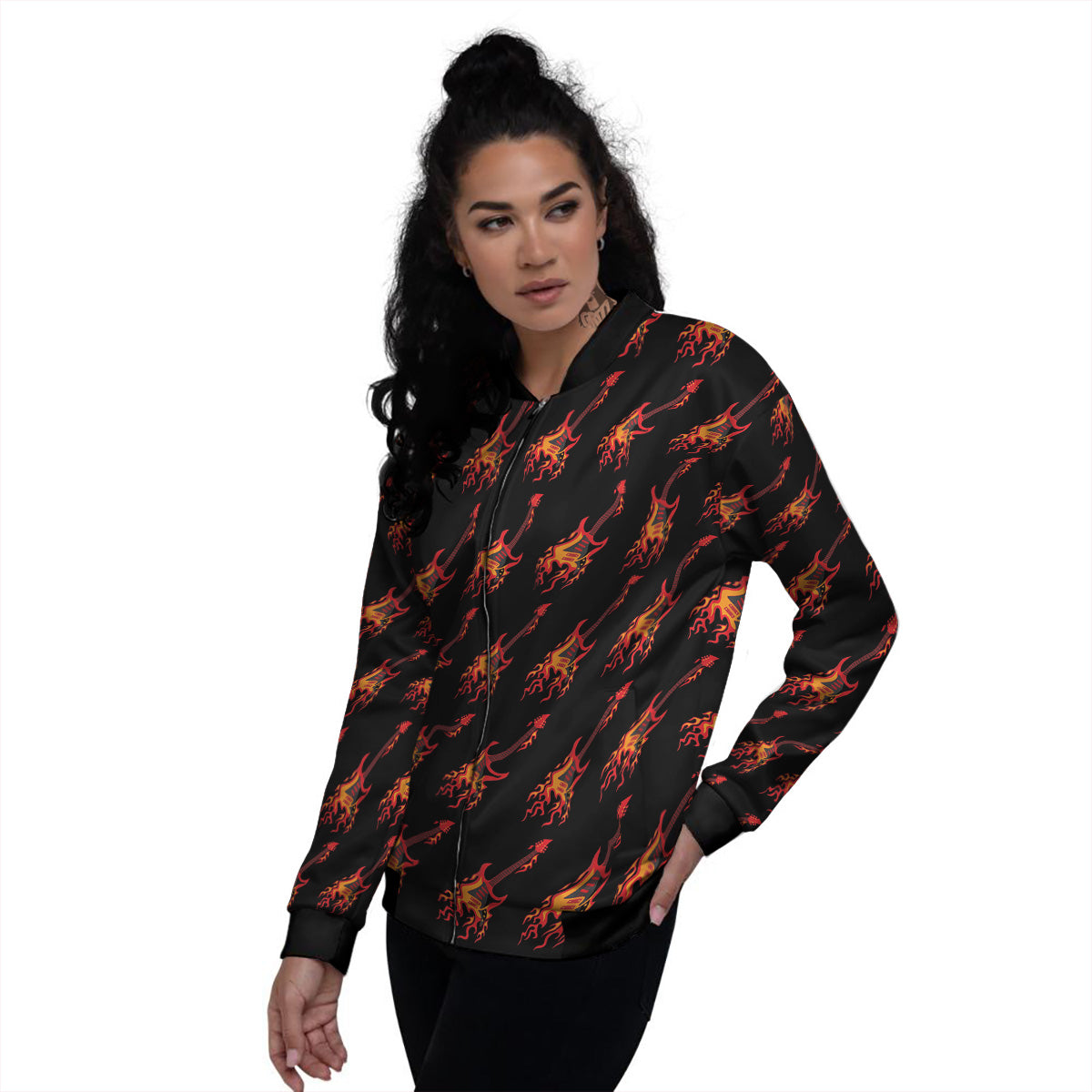 Flying Burning Guitars Print Pattern Women's Bomber Jacket-grizzshop
