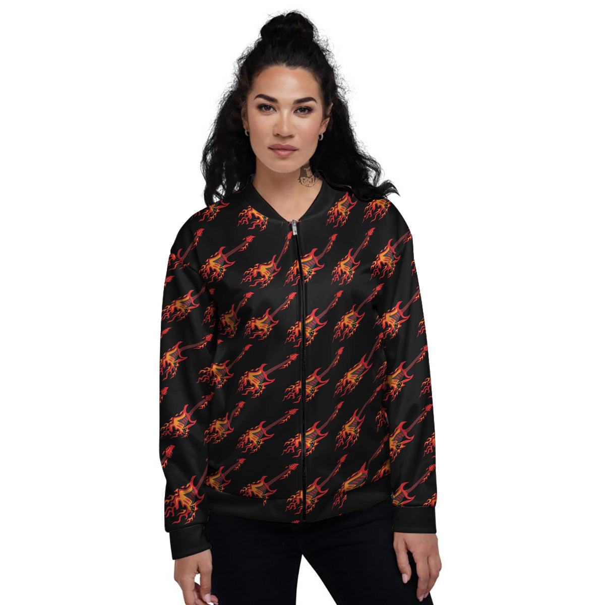 Flying Burning Guitars Print Pattern Women's Bomber Jacket-grizzshop