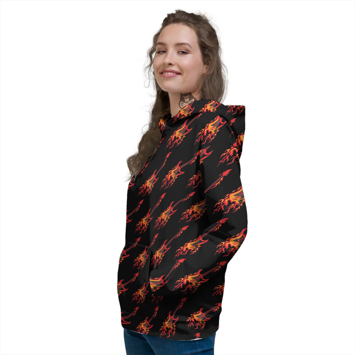 Flying Burning Guitars Print Pattern Women's Hoodie-grizzshop