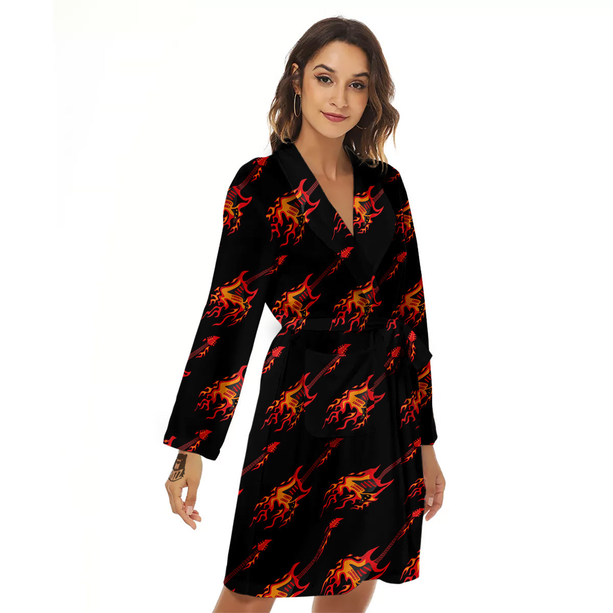 Flying Burning Guitars Print Pattern Women's Robe-grizzshop
