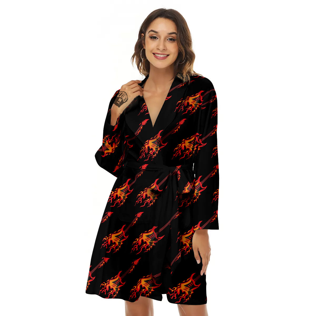 Flying Burning Guitars Print Pattern Women's Robe-grizzshop