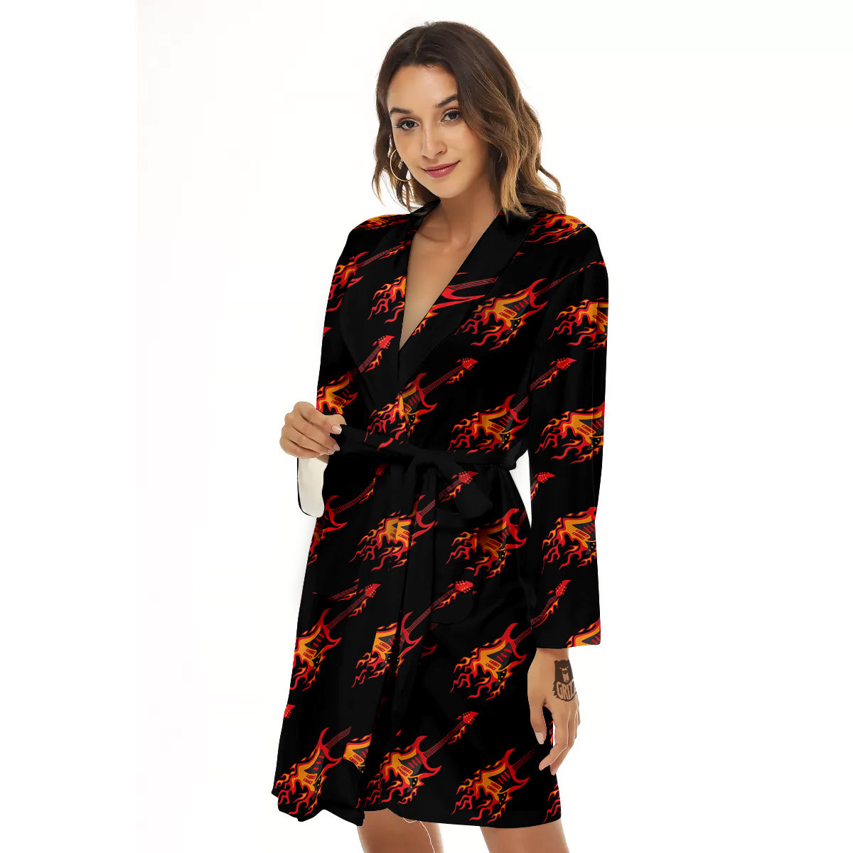 Flying Burning Guitars Print Pattern Women's Robe-grizzshop