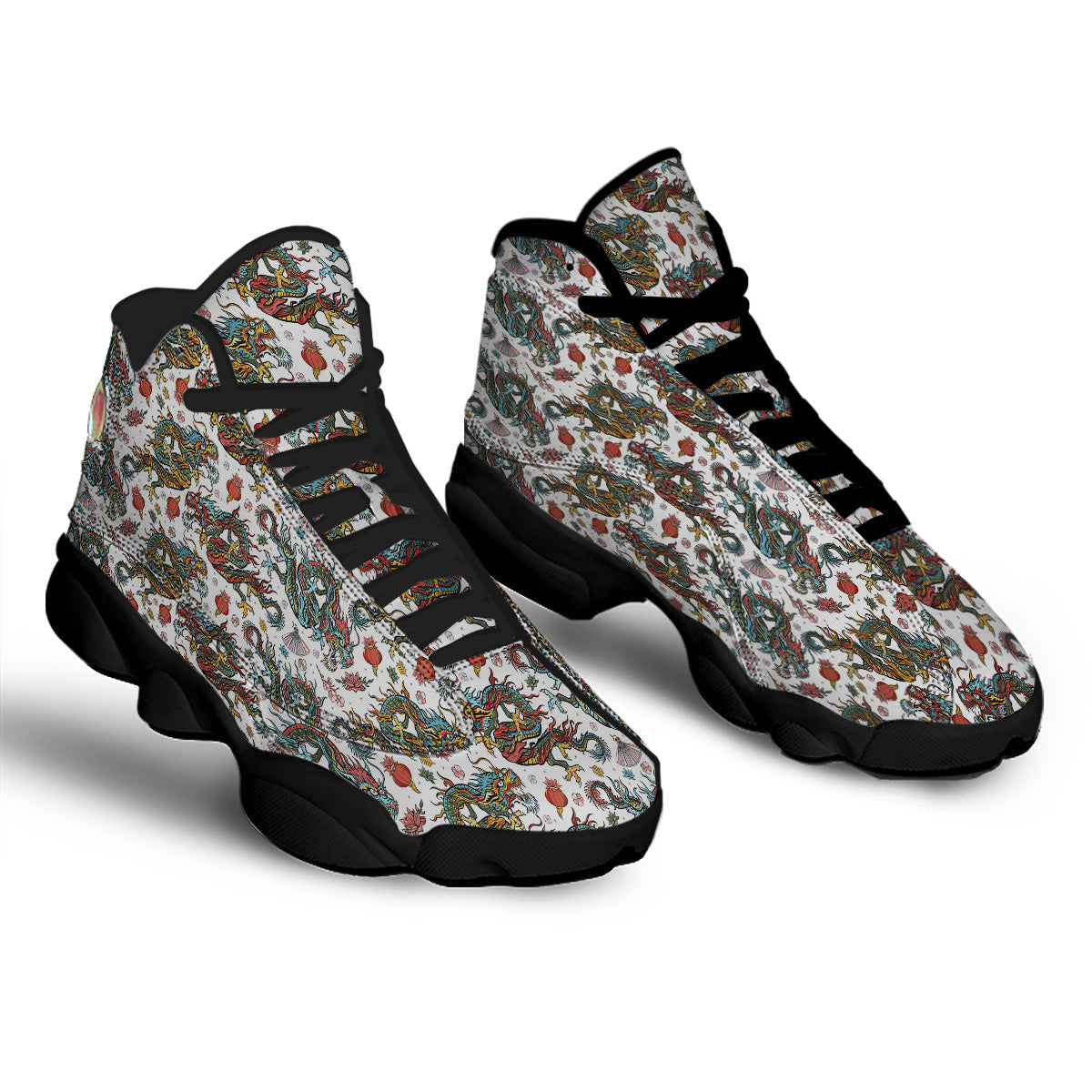 Flying Chinese Dragons Tattoo Print Pattern Black Basketball Shoes-grizzshop