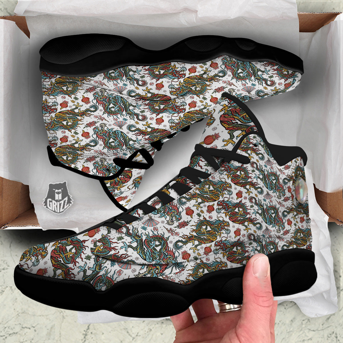 Flying Chinese Dragons Tattoo Print Pattern Black Basketball Shoes-grizzshop