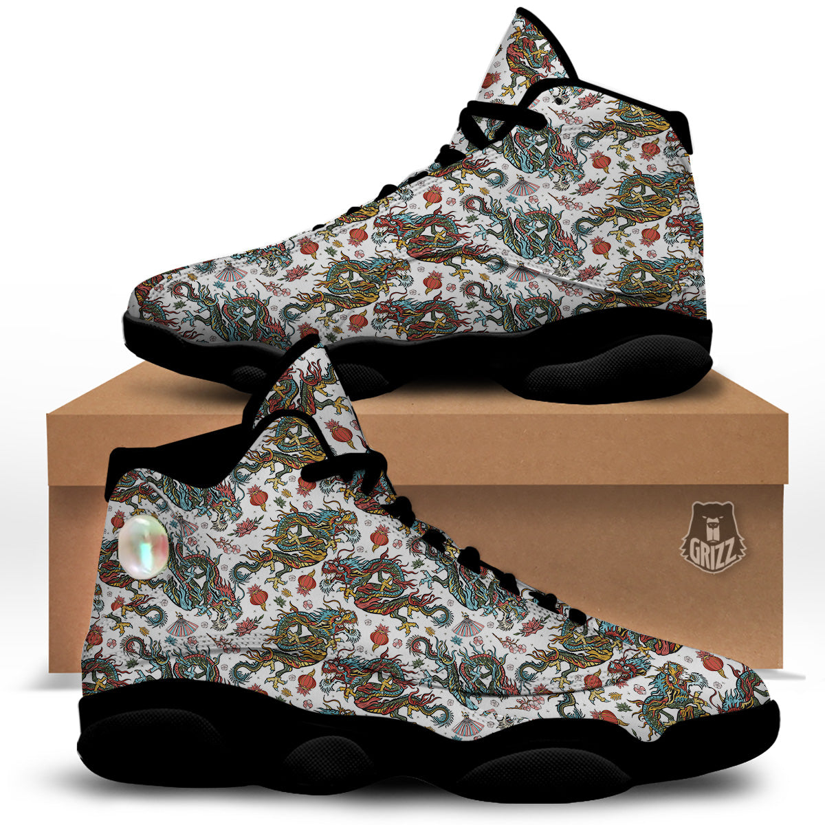 Flying Chinese Dragons Tattoo Print Pattern Black Basketball Shoes-grizzshop