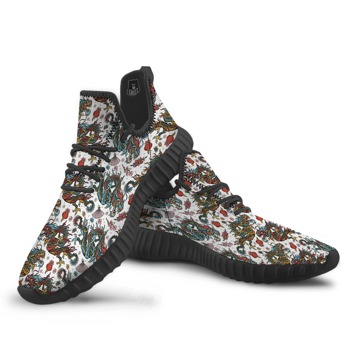 Flying Chinese Dragons Tattoo Print Pattern Black Walking Shoes-grizzshop
