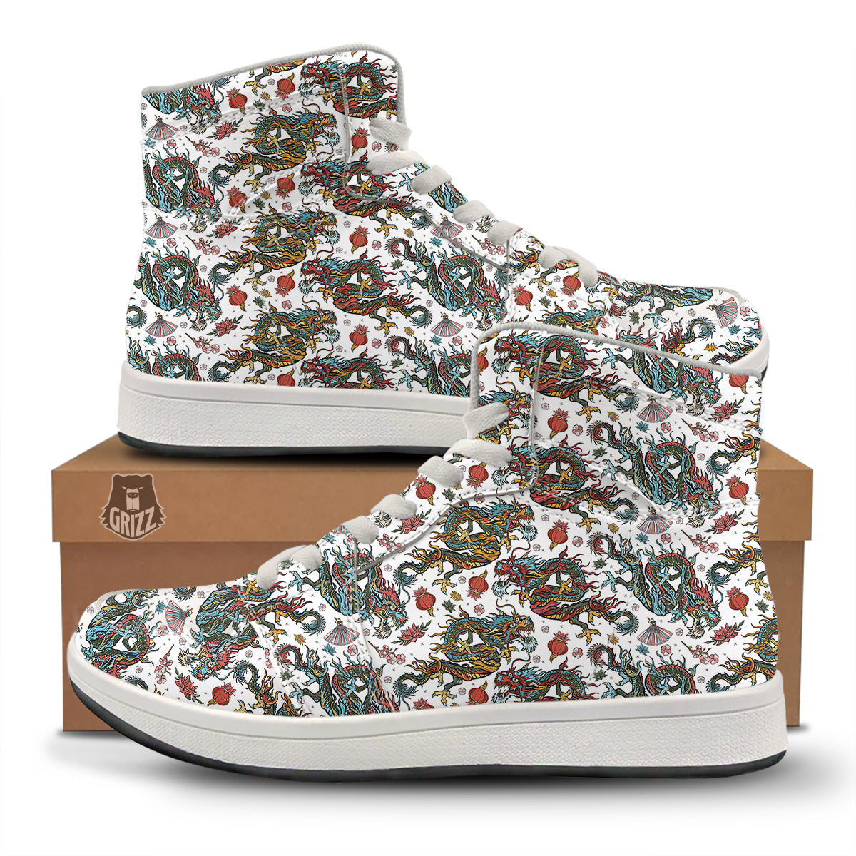Flying Chinese Dragons Tattoo Print Pattern High Top Sneakers-grizzshop