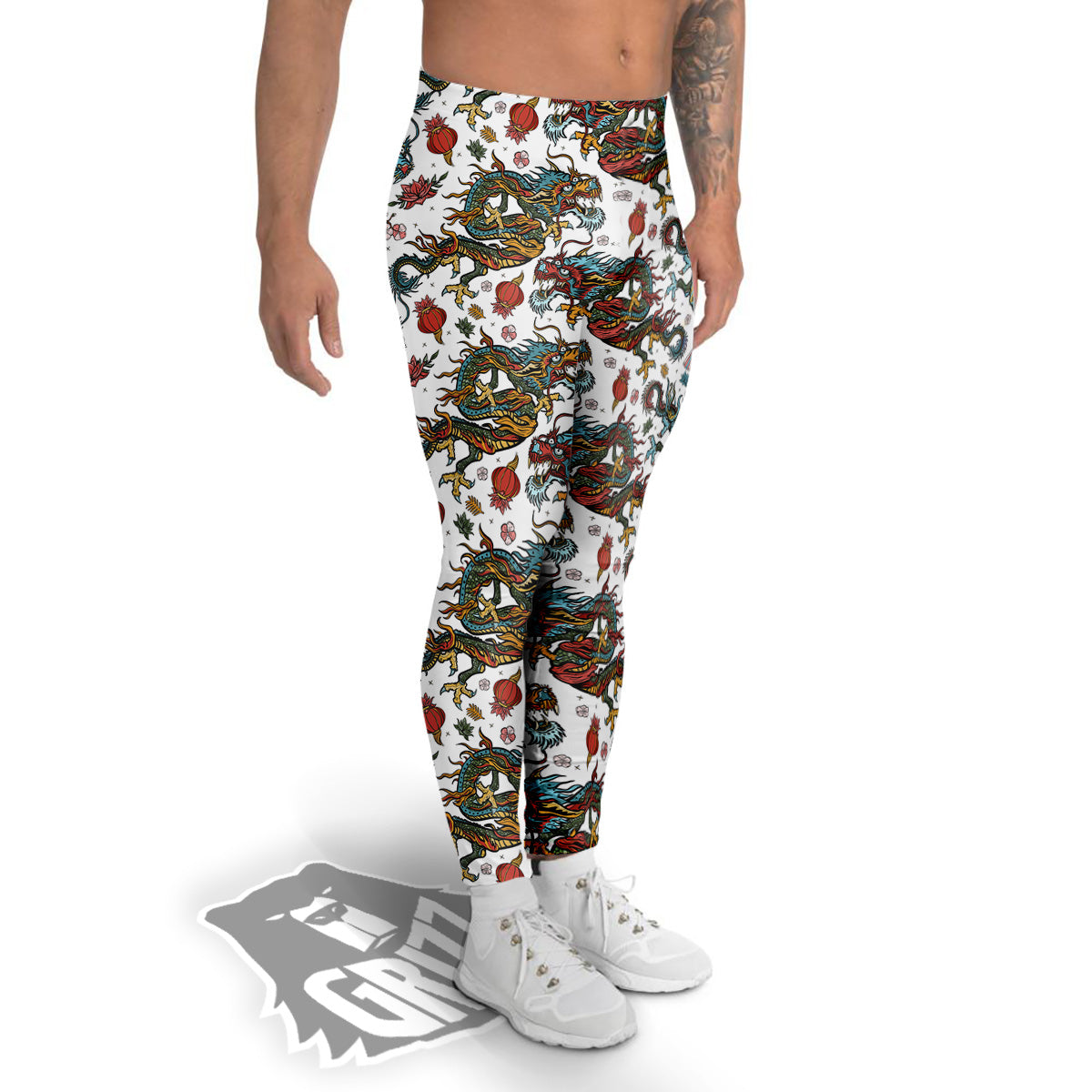 Flying Chinese Dragons Tattoo Print Pattern Men's Leggings-grizzshop