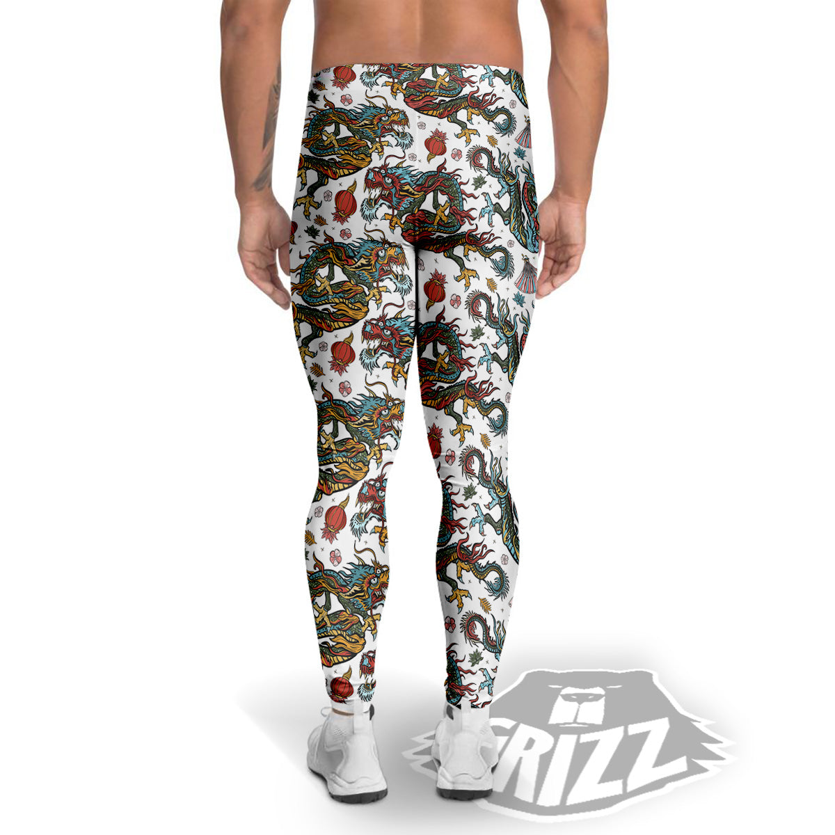 Flying Chinese Dragons Tattoo Print Pattern Men's Leggings-grizzshop