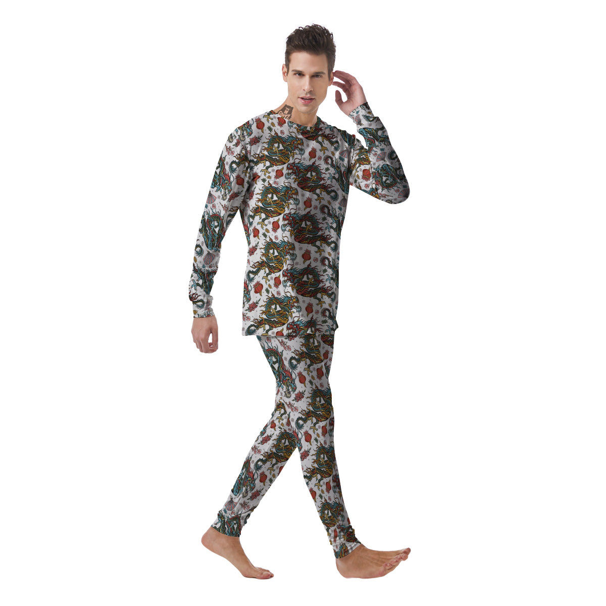 Flying Chinese Dragons Tattoo Print Pattern Men's Pajamas-grizzshop