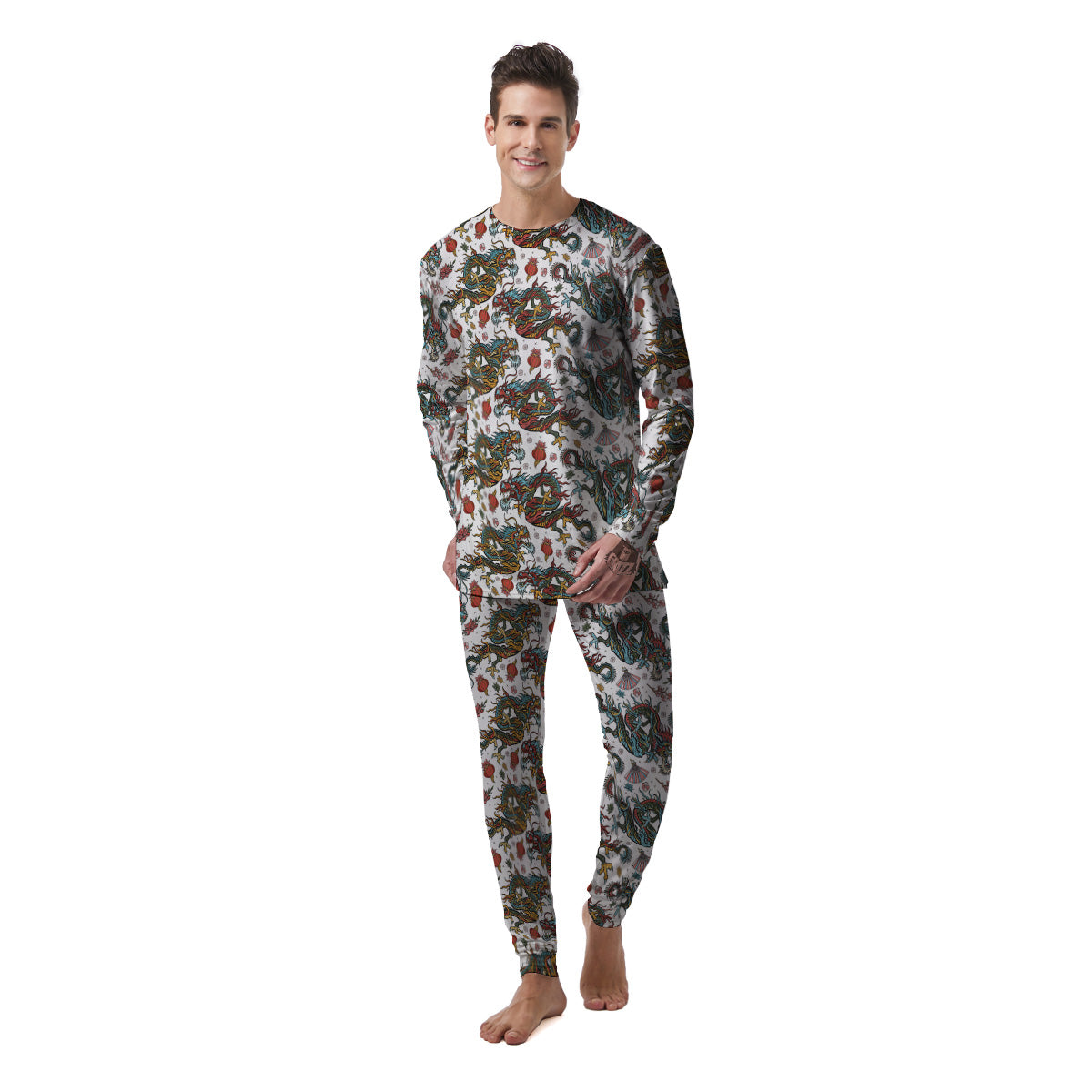 Flying Chinese Dragons Tattoo Print Pattern Men's Pajamas-grizzshop