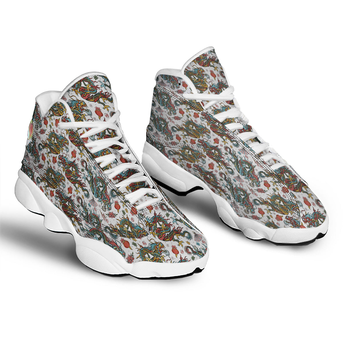 Flying Chinese Dragons Tattoo Print Pattern White Basketball Shoes-grizzshop