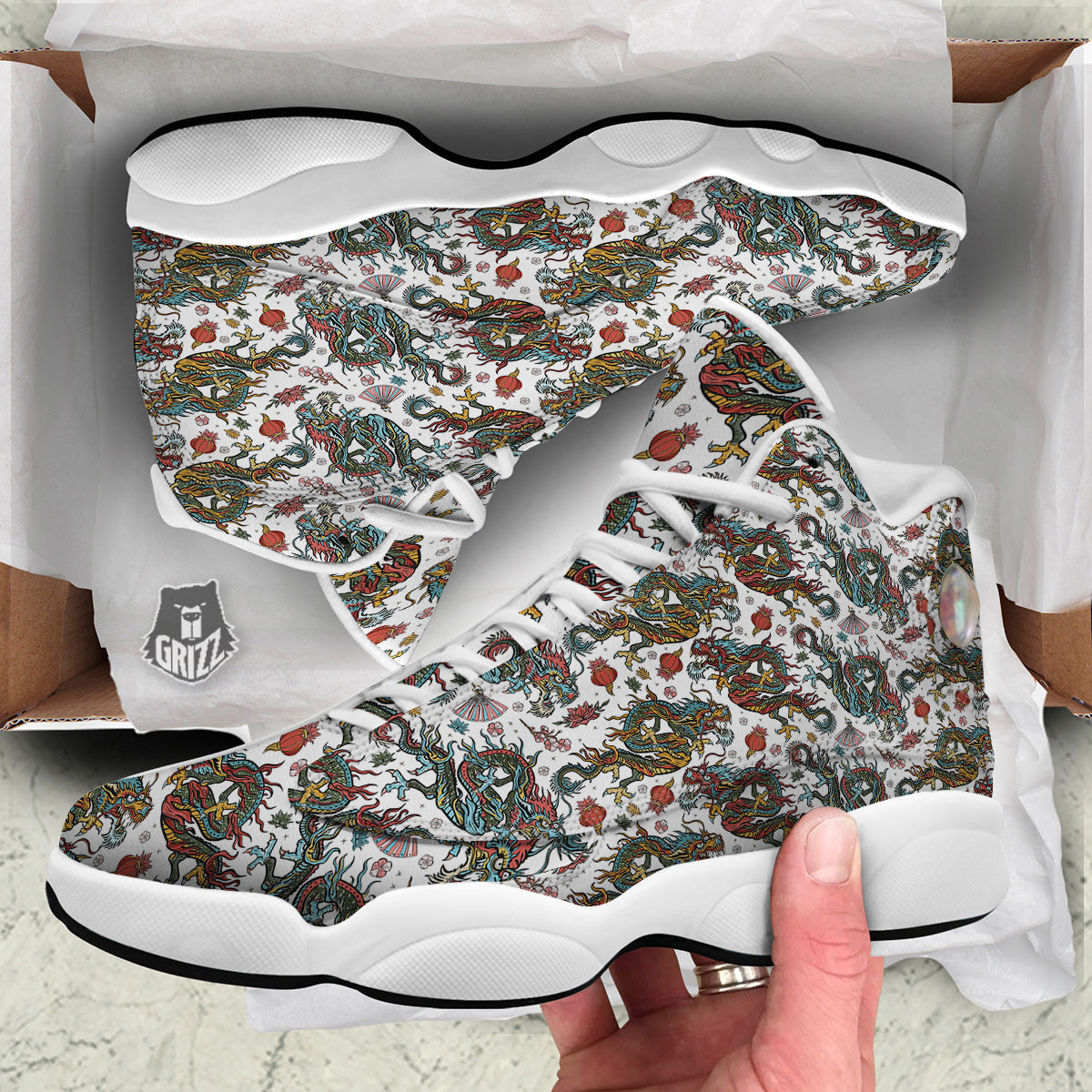 Flying Chinese Dragons Tattoo Print Pattern White Basketball Shoes-grizzshop
