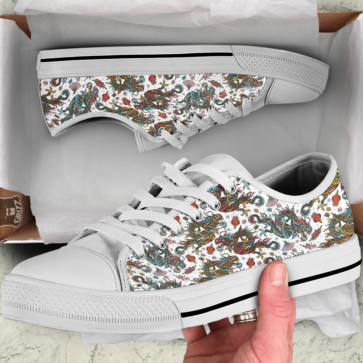 Flying Chinese Dragons Tattoo Print Pattern White Low Top Shoes-grizzshop