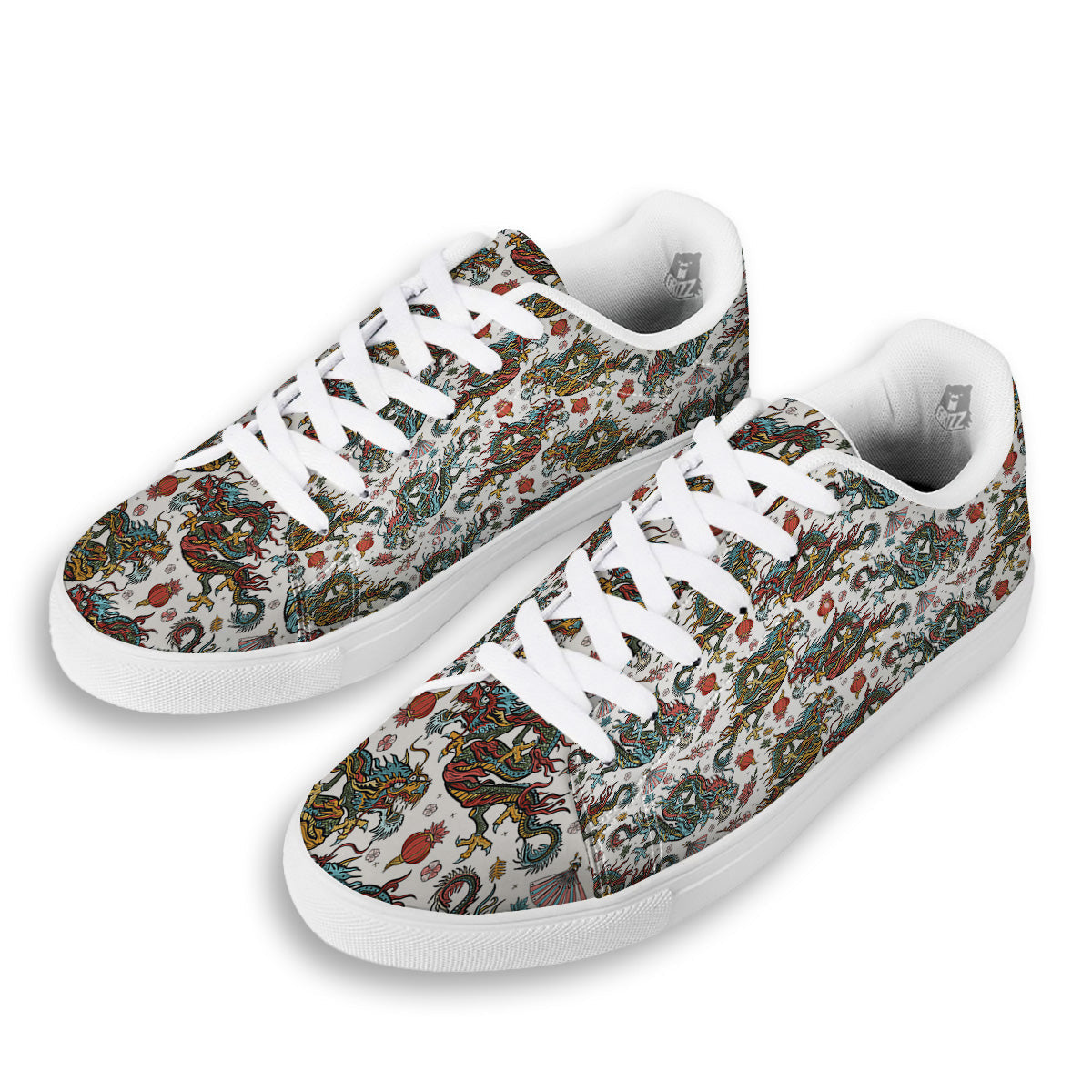 Flying Chinese Dragons Tattoo Print Pattern White Low Top Sneakers-grizzshop