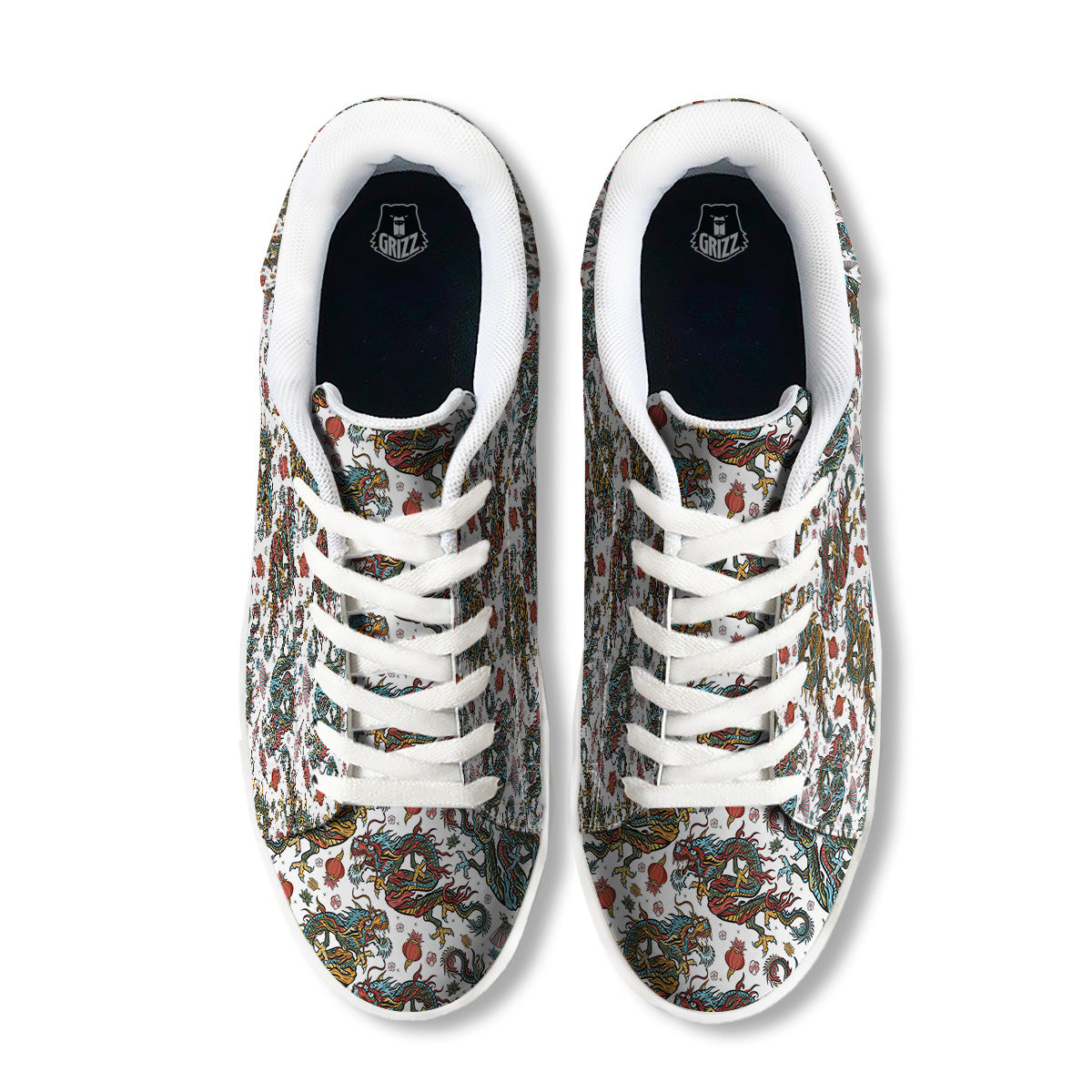 Flying Chinese Dragons Tattoo Print Pattern White Low Top Sneakers-grizzshop