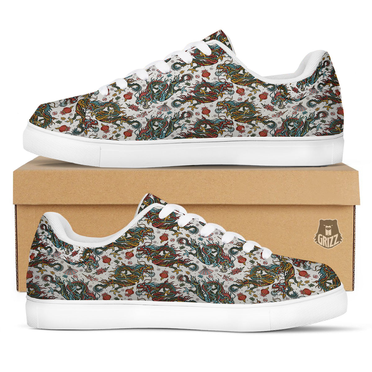Flying Chinese Dragons Tattoo Print Pattern White Low Top Sneakers-grizzshop